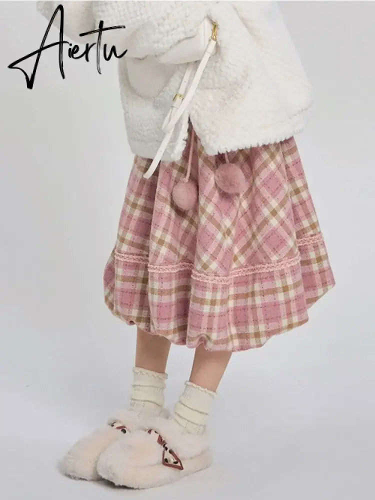 Kawaii Pink Plaid Skirt Women Japanese Fashion High Waist Lace-up Lace Patchwork Cute Long Skirt Autumn Winter Harajuku Aiertu