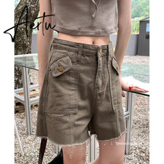 Khaki Women's Cargo Denim Short Pants High Waist Wide Leg American Streetwear Summer Vintage Casual Baggy Straight Cargo Trouser Aiertu