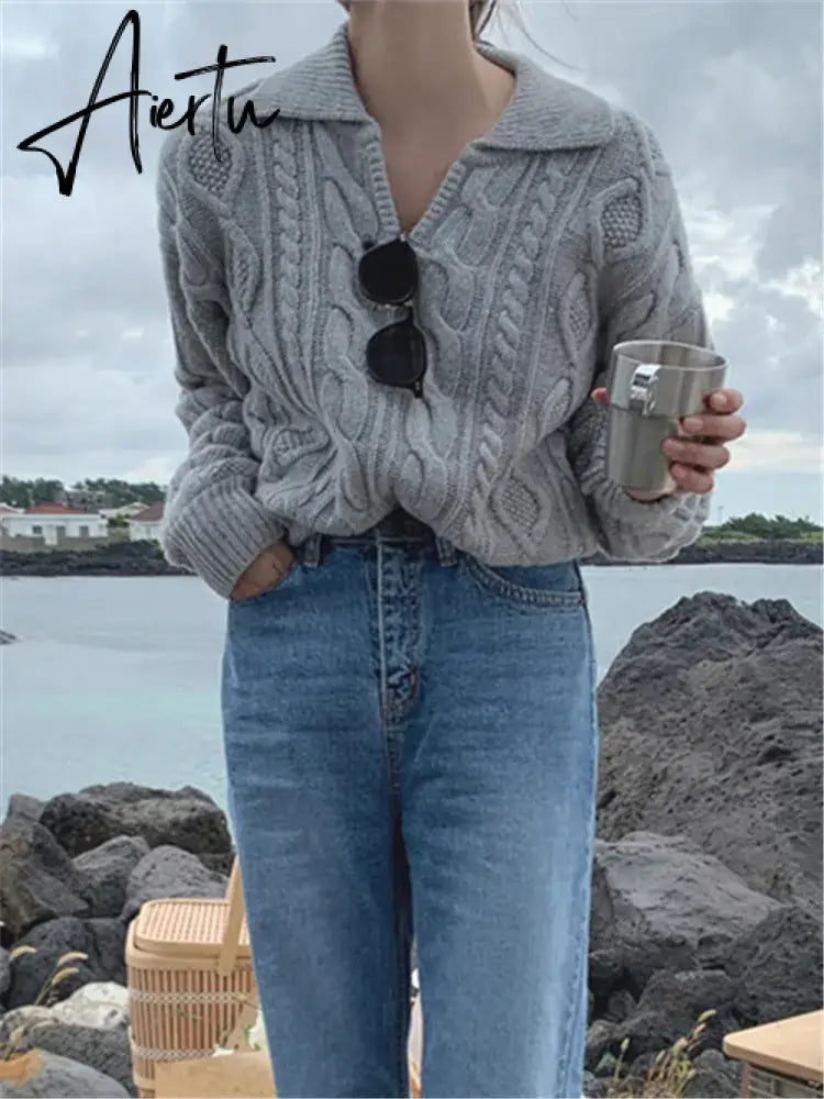 Kitty Retro Women Sweater Pullovers Knitted Casual Solid Autumn Turn-down Collar Feminine Loose All Match Soft Sweet Tops Aiertu