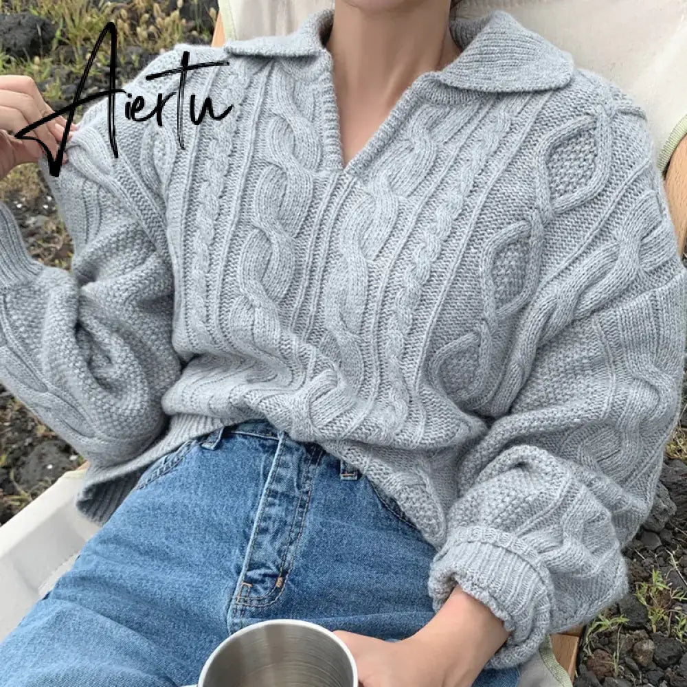 Kitty Retro Women Sweater Pullovers Knitted Casual Solid Autumn Turn-down Collar Feminine Loose All Match Soft Sweet Tops Aiertu