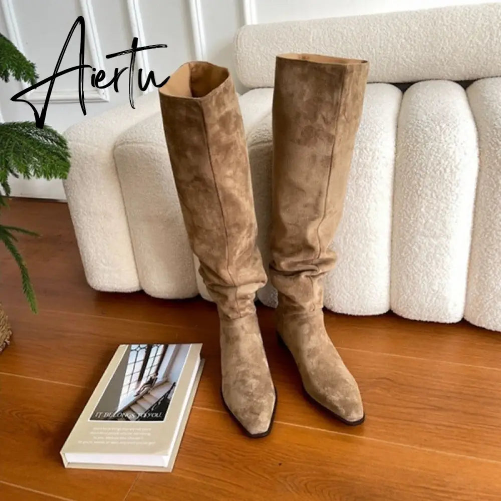 Knee- High Boots LadySlip On Simple Pleated  Stretch Suede Winter Botas Big Circumference Spring Autumn Woman Boots Large Size43 Aiertu