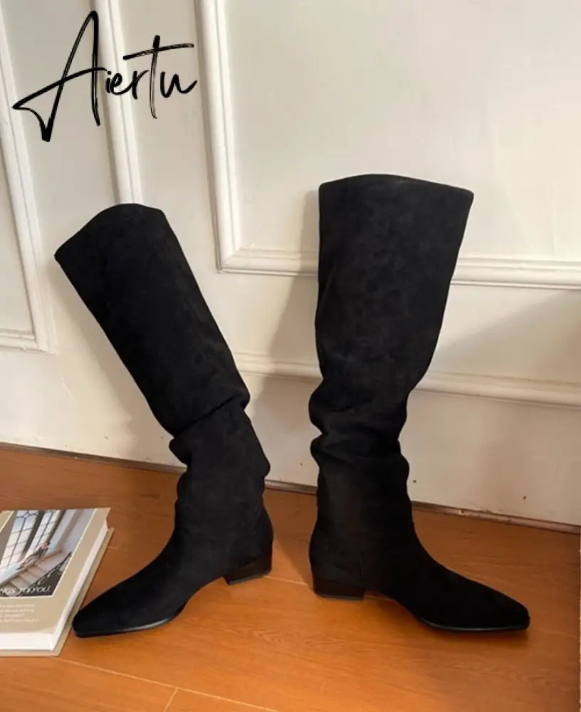 Knee- High Boots LadySlip On Simple Pleated  Stretch Suede Winter Botas Big Circumference Spring Autumn Woman Boots Large Size43 Aiertu