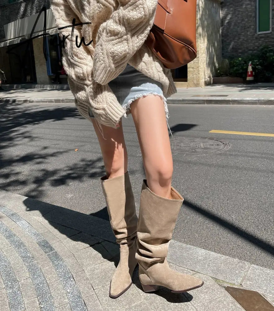 Knee- High Boots LadySlip On Simple Pleated  Stretch Suede Winter Botas Big Circumference Spring Autumn Woman Boots Large Size43 Aiertu