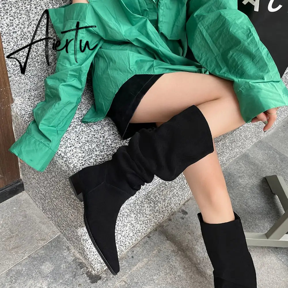 Knee- High Boots LadySlip On Simple Pleated  Stretch Suede Winter Botas Big Circumference Spring Autumn Woman Boots Large Size43 Aiertu