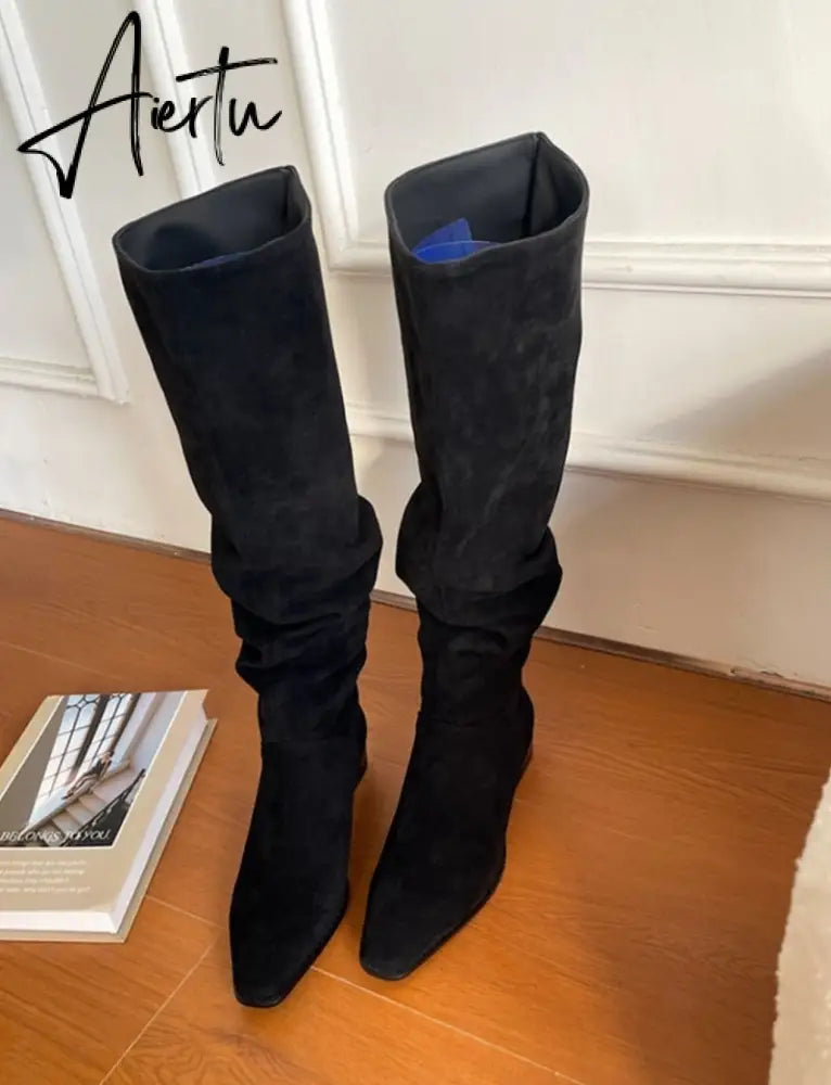 Knee- High Boots LadySlip On Simple Pleated  Stretch Suede Winter Botas Big Circumference Spring Autumn Woman Boots Large Size43 Aiertu