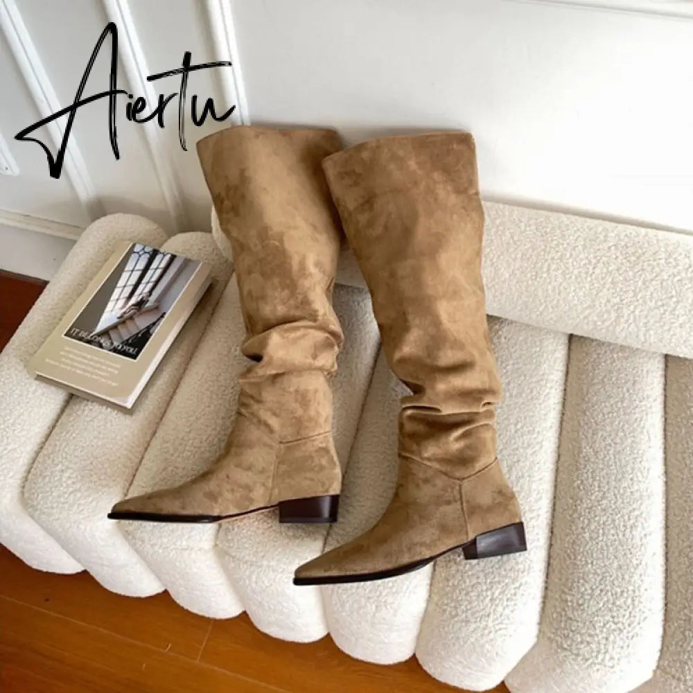 Knee- High Boots LadySlip On Simple Pleated  Stretch Suede Winter Botas Big Circumference Spring Autumn Woman Boots Large Size43 Aiertu