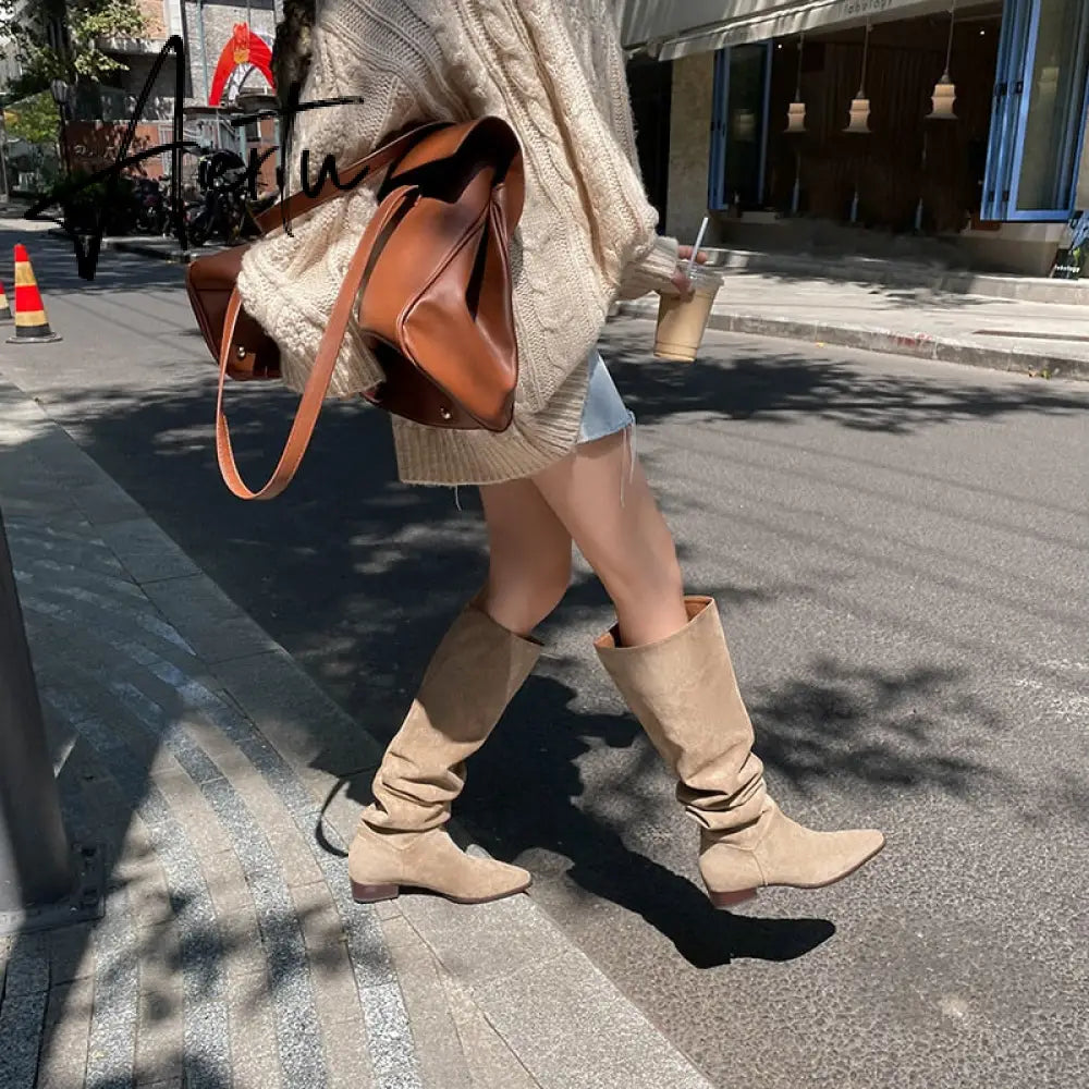 Knee- High Boots LadySlip On Simple Pleated  Stretch Suede Winter Botas Big Circumference Spring Autumn Woman Boots Large Size43 Aiertu