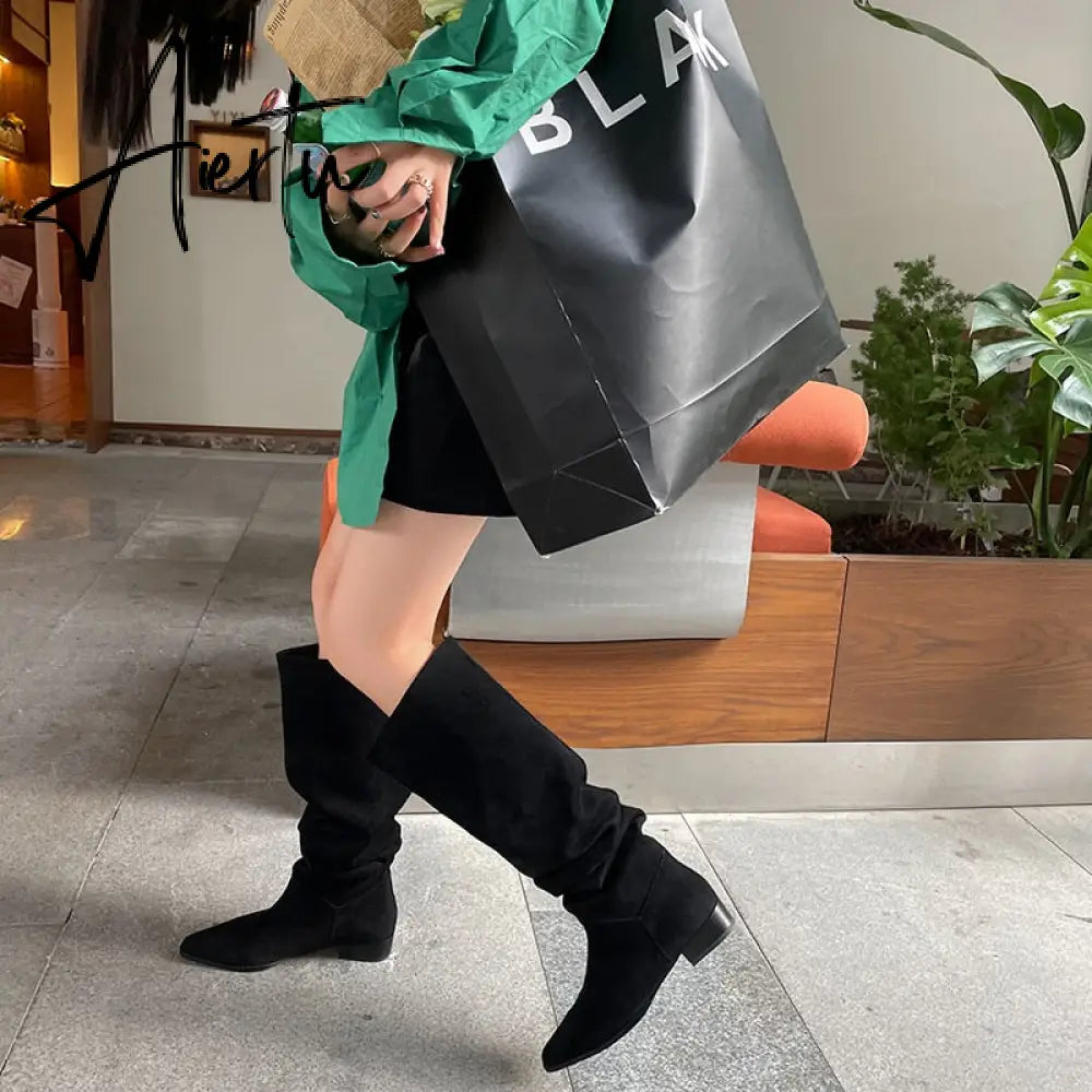 Knee- High Boots LadySlip On Simple Pleated  Stretch Suede Winter Botas Big Circumference Spring Autumn Woman Boots Large Size43 Aiertu