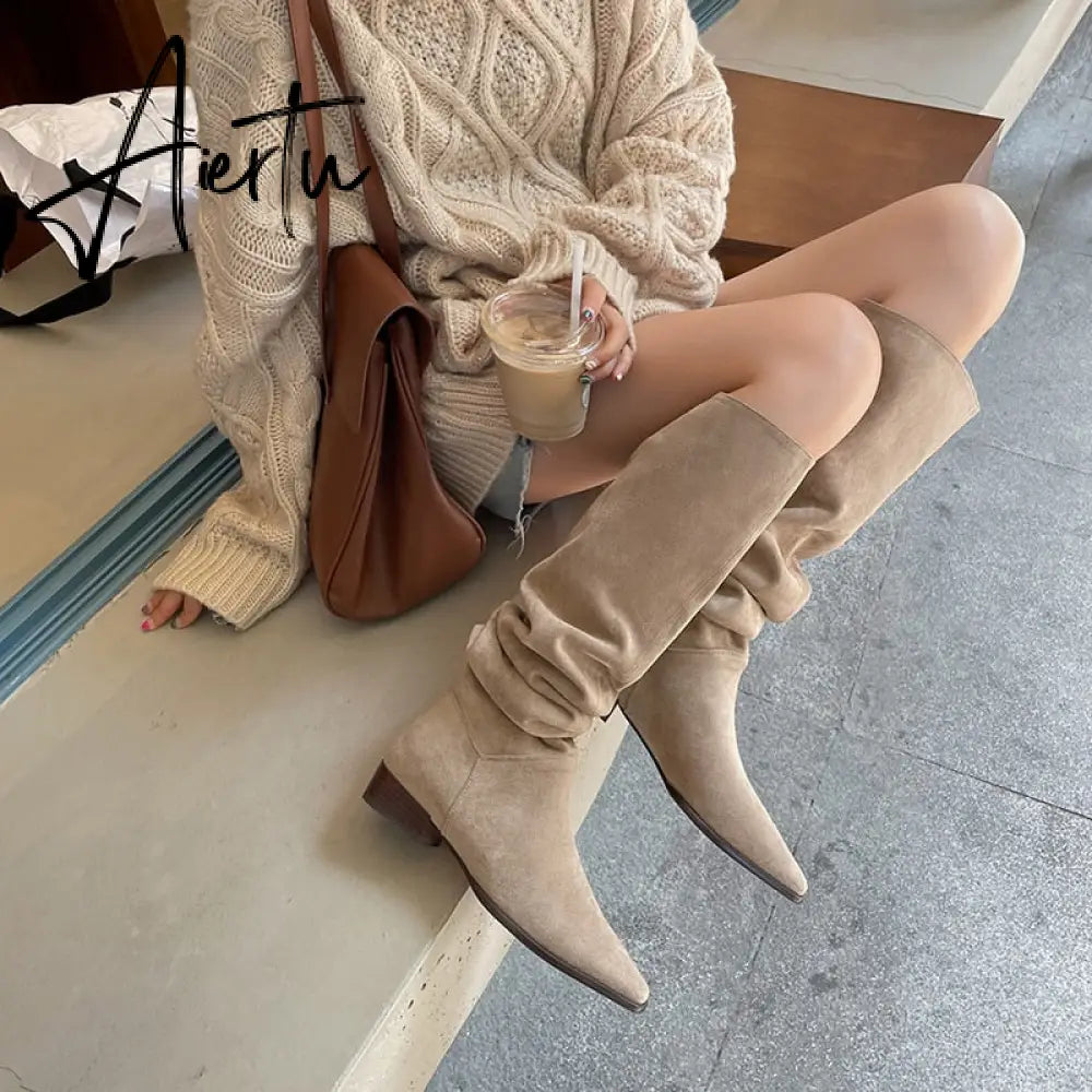 Knee- High Boots LadySlip On Simple Pleated  Stretch Suede Winter Botas Big Circumference Spring Autumn Woman Boots Large Size43 Aiertu