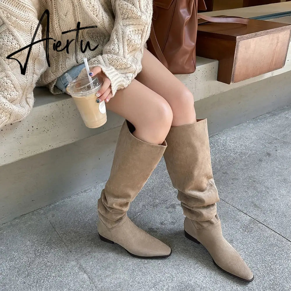 Knee- High Boots LadySlip On Simple Pleated  Stretch Suede Winter Botas Big Circumference Spring Autumn Woman Boots Large Size43 Aiertu
