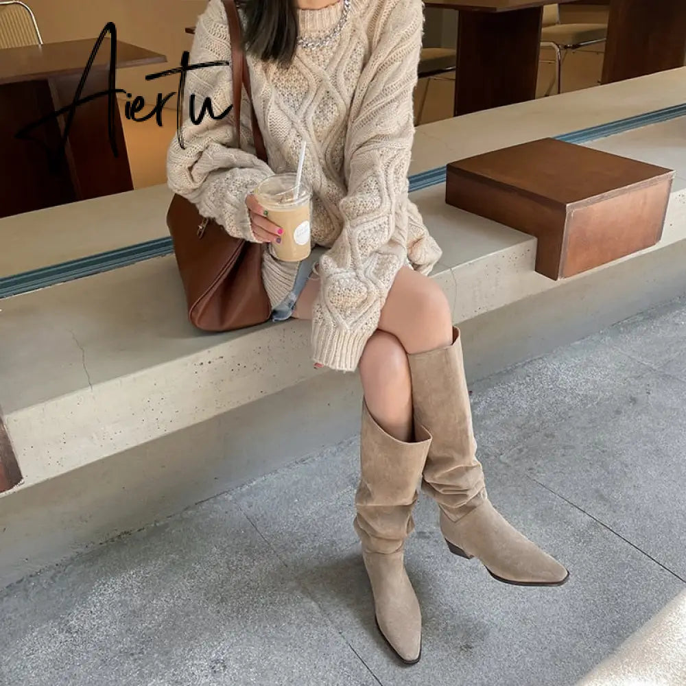 Knee- High Boots LadySlip On Simple Pleated  Stretch Suede Winter Botas Big Circumference Spring Autumn Woman Boots Large Size43 Aiertu