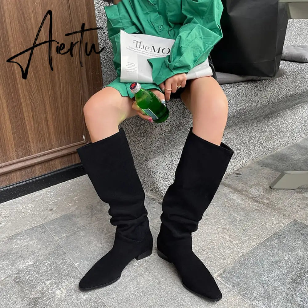 Knee- High Boots LadySlip On Simple Pleated  Stretch Suede Winter Botas Big Circumference Spring Autumn Woman Boots Large Size43 Aiertu