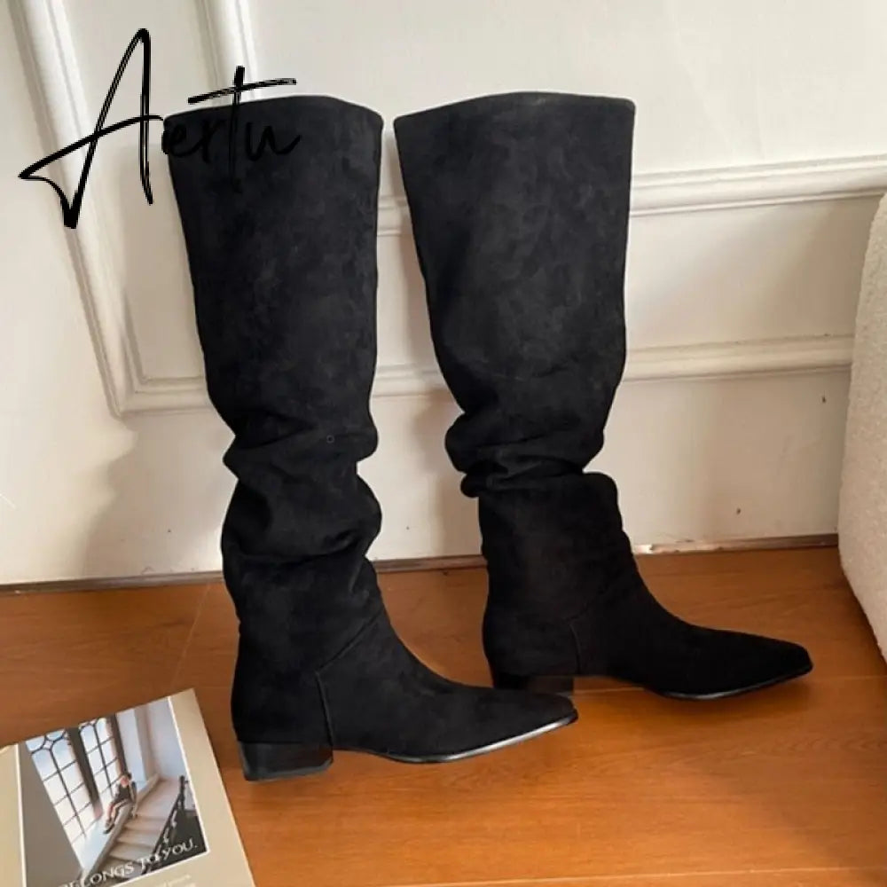 Knee- High Boots LadySlip On Simple Pleated  Stretch Suede Winter Botas Big Circumference Spring Autumn Woman Boots Large Size43 Aiertu