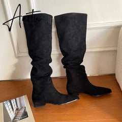 Knee- High Boots LadySlip On Simple Pleated  Stretch Suede Winter Botas Big Circumference Spring Autumn Woman Boots Large Size43 Aiertu