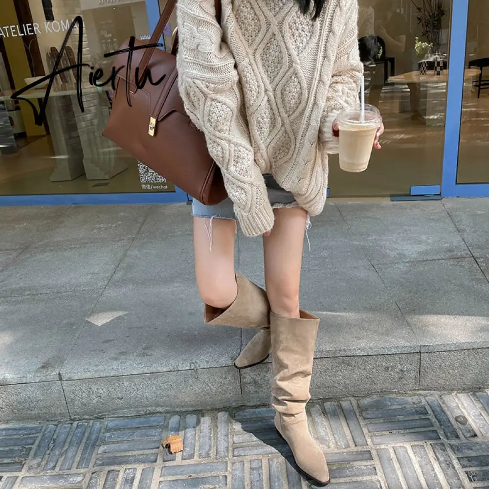 Knee- High Boots LadySlip On Simple Pleated  Stretch Suede Winter Botas Big Circumference Spring Autumn Woman Boots Large Size43 Aiertu