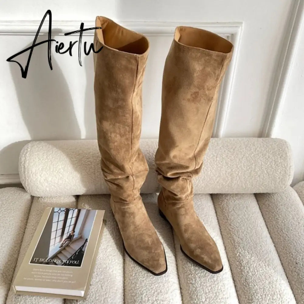 Knee- High Boots LadySlip On Simple Pleated  Stretch Suede Winter Botas Big Circumference Spring Autumn Woman Boots Large Size43 Aiertu