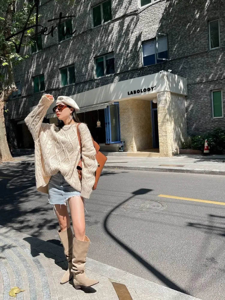 Knee- High Boots LadySlip On Simple Pleated  Stretch Suede Winter Botas Big Circumference Spring Autumn Woman Boots Large Size43 Aiertu