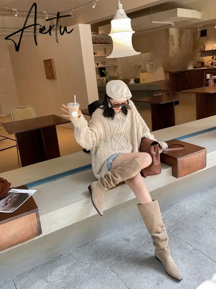 Knee- High Boots LadySlip On Simple Pleated  Stretch Suede Winter Botas Big Circumference Spring Autumn Woman Boots Large Size43 Aiertu