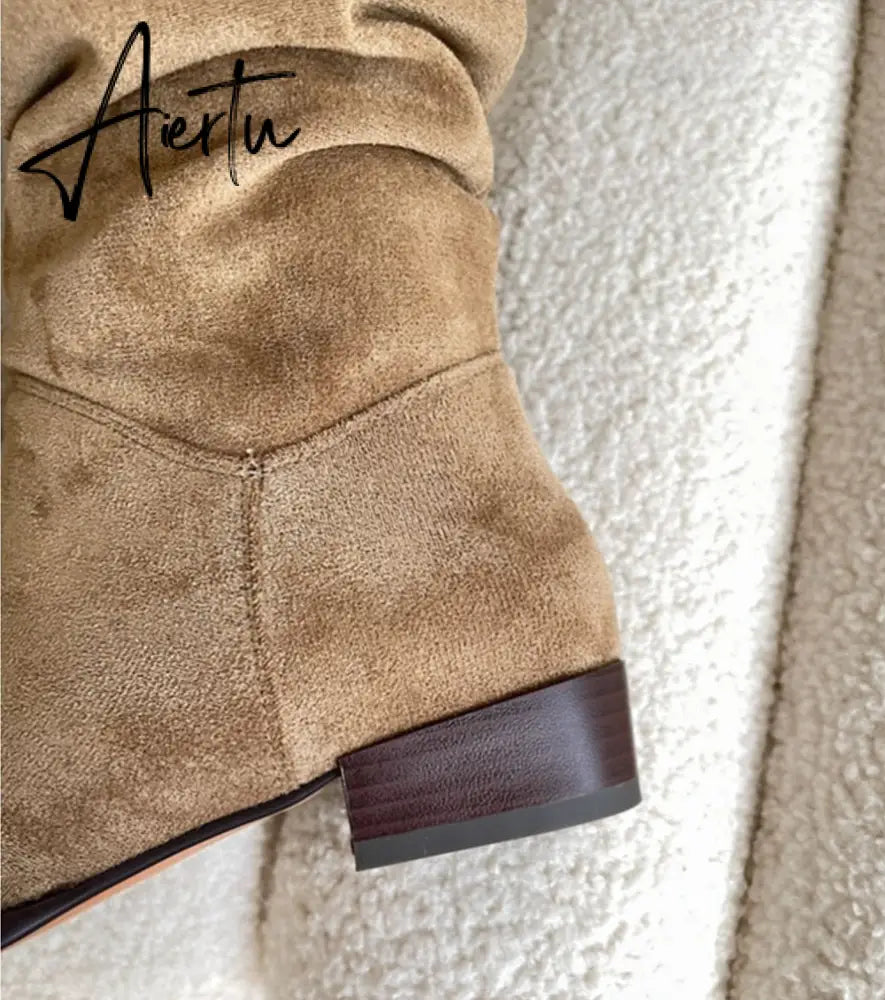 Knee- High Boots LadySlip On Simple Pleated  Stretch Suede Winter Botas Big Circumference Spring Autumn Woman Boots Large Size43 Aiertu