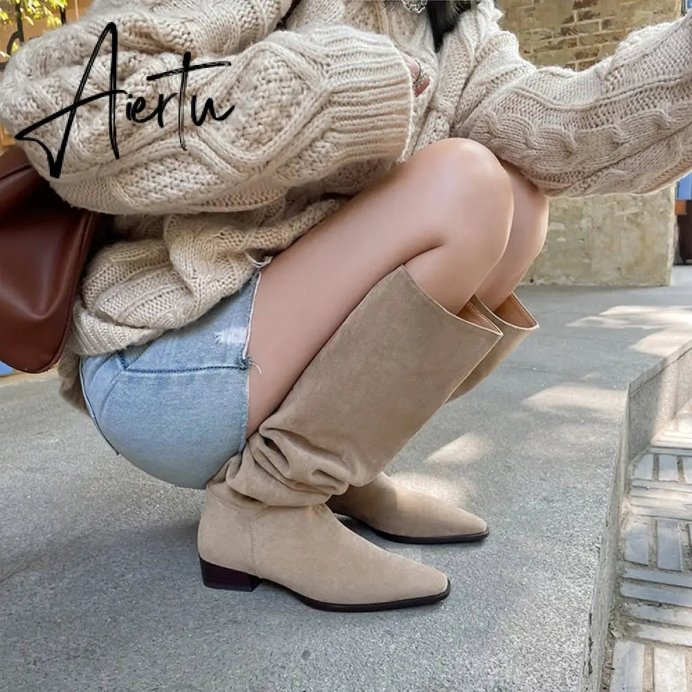 Knee- High Boots LadySlip On Simple Pleated  Stretch Suede Winter Botas Big Circumference Spring Autumn Woman Boots Large Size43 Aiertu