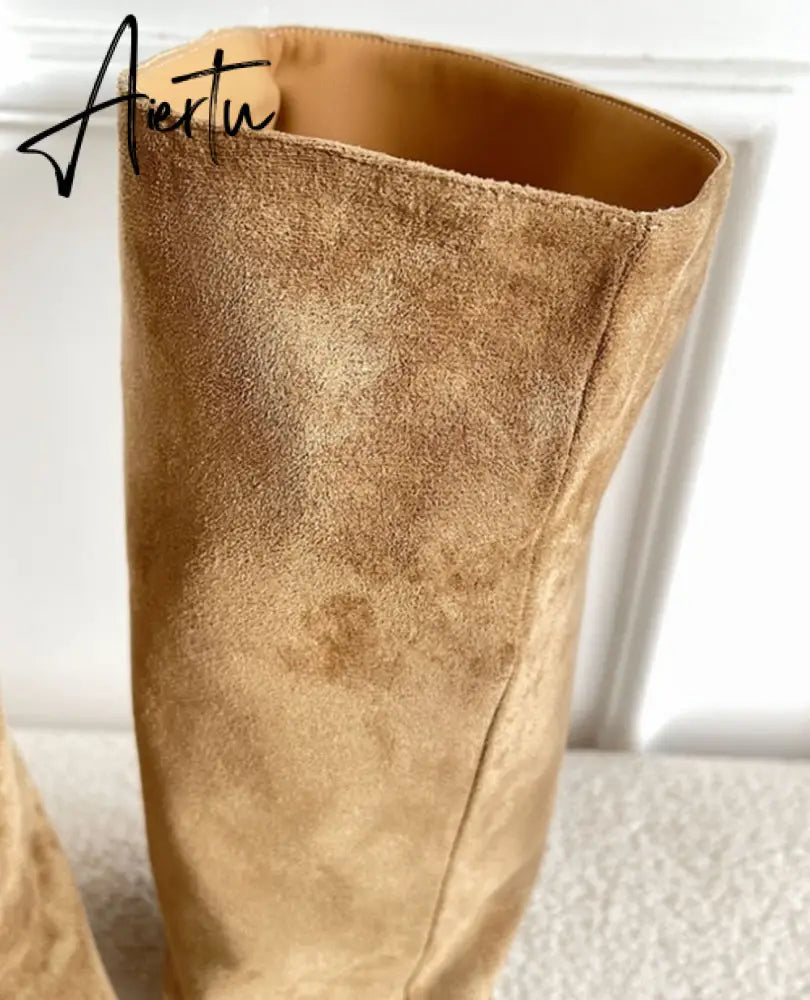 Knee- High Boots LadySlip On Simple Pleated  Stretch Suede Winter Botas Big Circumference Spring Autumn Woman Boots Large Size43 Aiertu