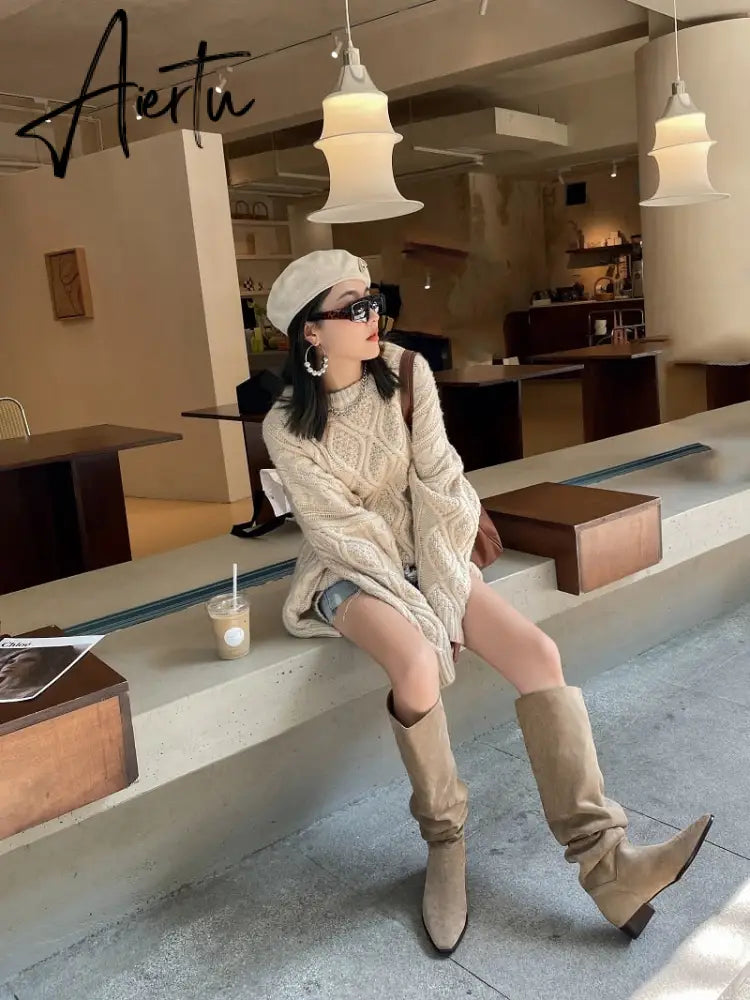 Knee- High Boots LadySlip On Simple Pleated  Stretch Suede Winter Botas Big Circumference Spring Autumn Woman Boots Large Size43 Aiertu