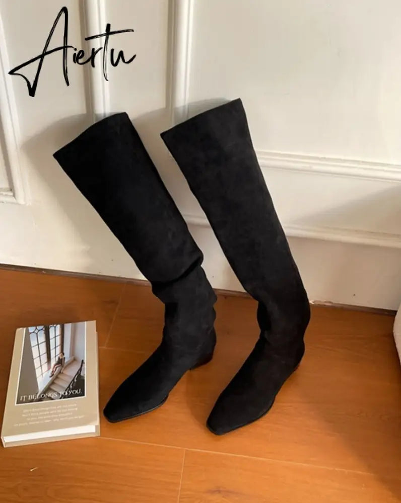 Knee- High Boots LadySlip On Simple Pleated  Stretch Suede Winter Botas Big Circumference Spring Autumn Woman Boots Large Size43 Aiertu