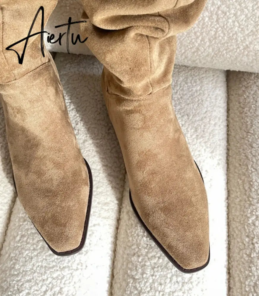 Knee- High Boots LadySlip On Simple Pleated  Stretch Suede Winter Botas Big Circumference Spring Autumn Woman Boots Large Size43 Aiertu