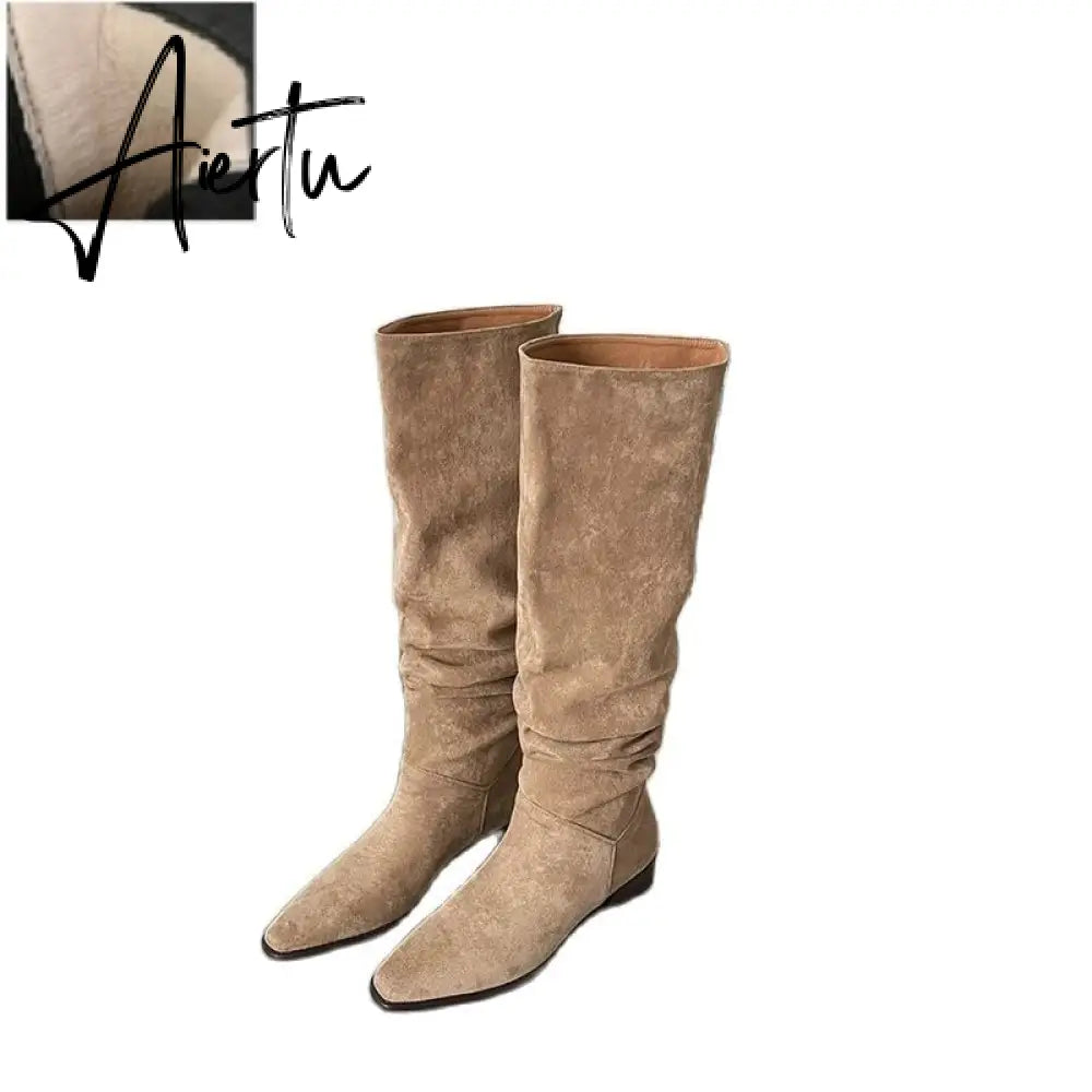 Knee- High Boots LadySlip On Simple Pleated  Stretch Suede Winter Botas Big Circumference Spring Autumn Woman Boots Large Size43 Aiertu
