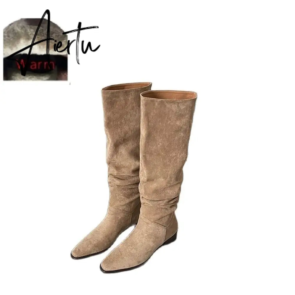 Knee- High Boots LadySlip On Simple Pleated  Stretch Suede Winter Botas Big Circumference Spring Autumn Woman Boots Large Size43 Aiertu
