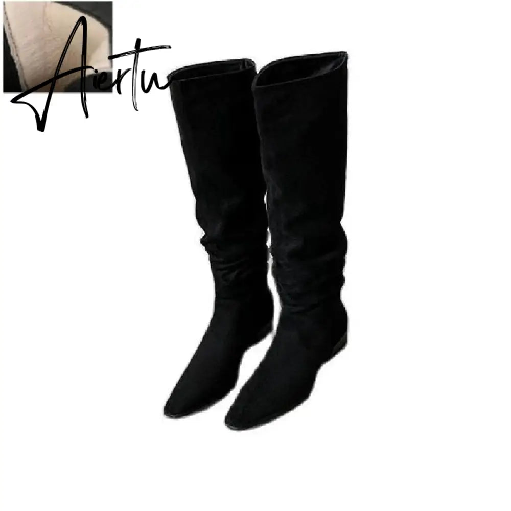 Knee- High Boots LadySlip On Simple Pleated  Stretch Suede Winter Botas Big Circumference Spring Autumn Woman Boots Large Size43 Aiertu