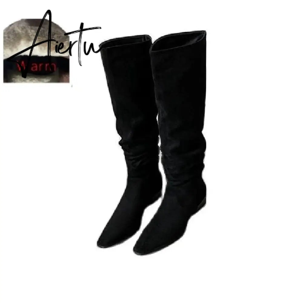Knee- High Boots LadySlip On Simple Pleated  Stretch Suede Winter Botas Big Circumference Spring Autumn Woman Boots Large Size43 Aiertu