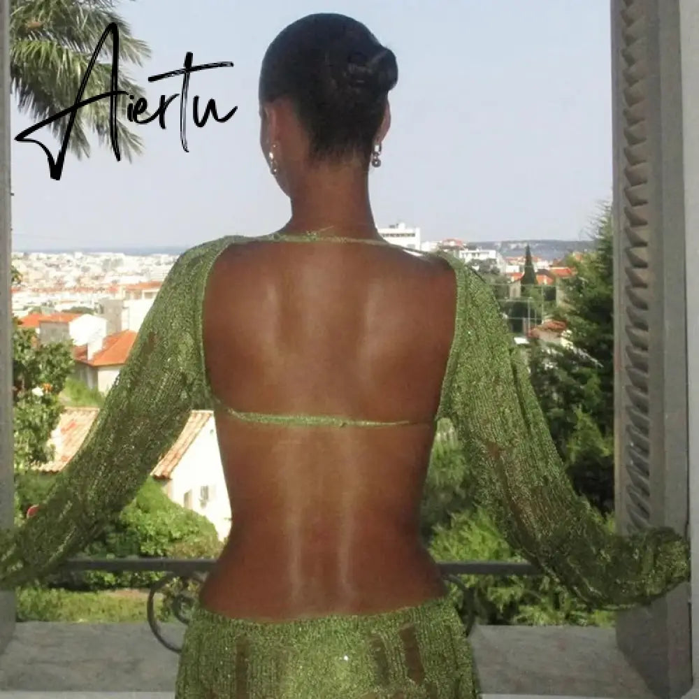 Knit Green Sexy Backless See Through Evening Prom Women Long Sleeve Evening Maxi Dress  Elegant Party Beachwear Aiertu