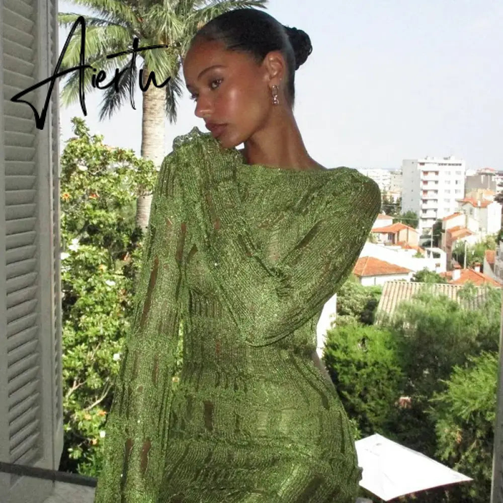 Knit Green Sexy Backless See Through Evening Prom Women Long Sleeve Evening Maxi Dress  Elegant Party Beachwear Aiertu