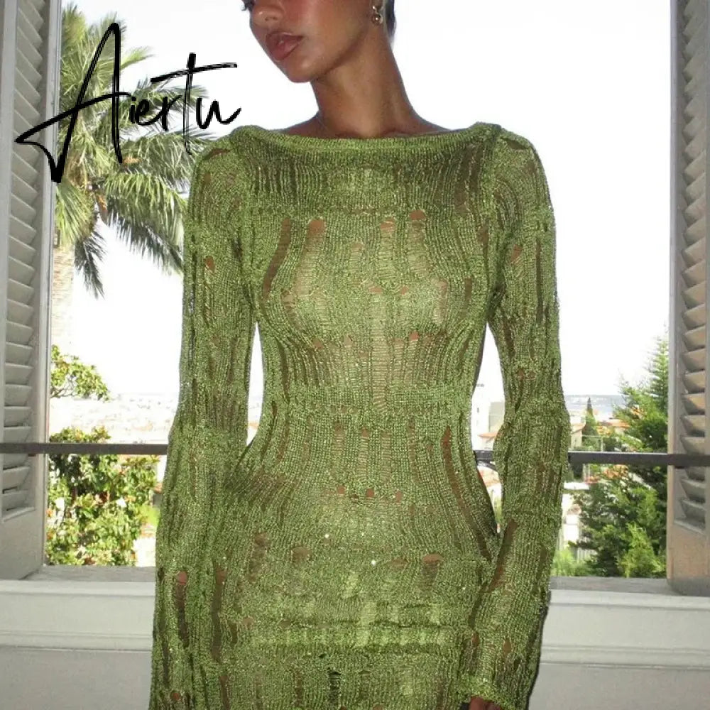 Knit Green Sexy Backless See Through Evening Prom Women Long Sleeve Evening Maxi Dress  Elegant Party Beachwear Aiertu