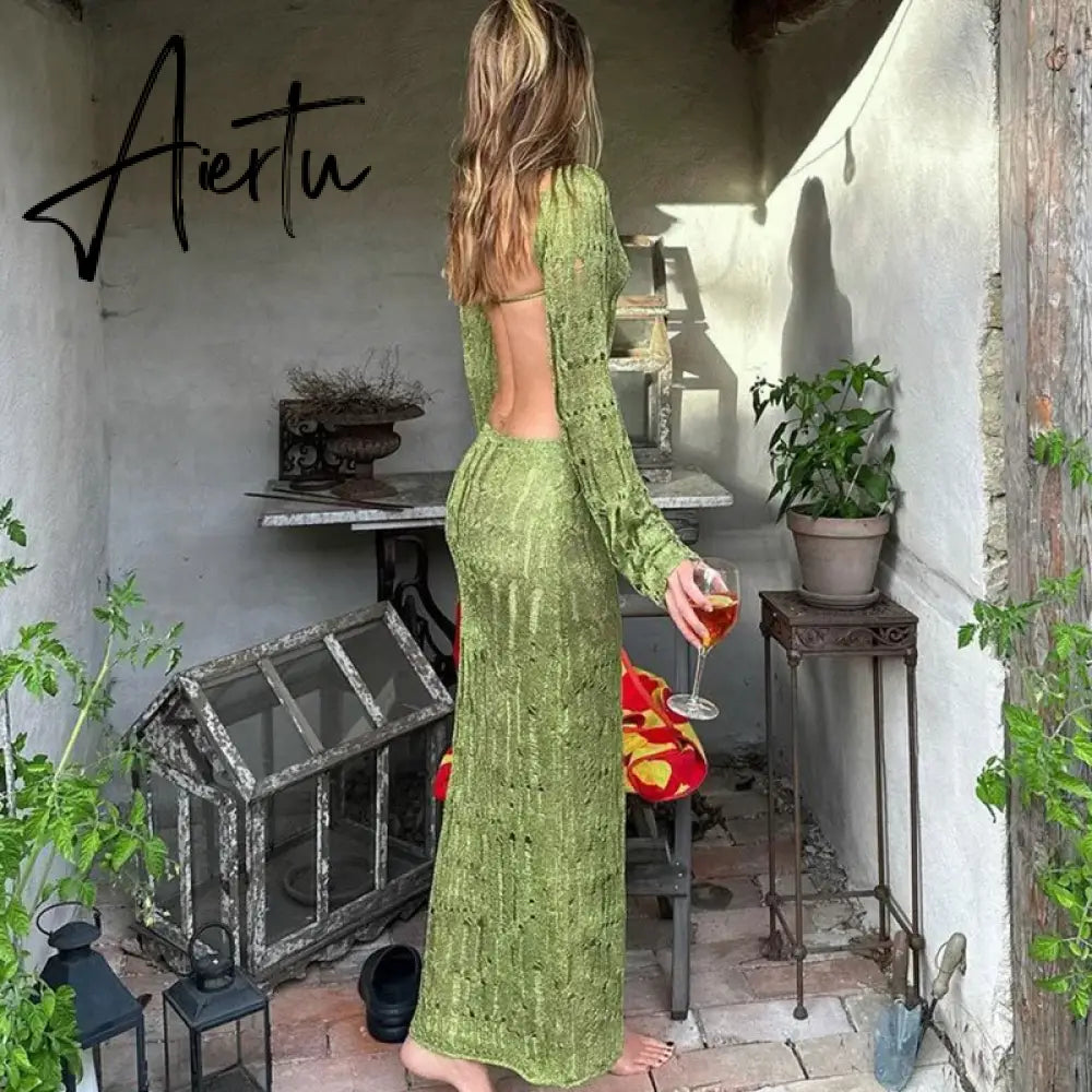 Knit Green Sexy Backless See Through Evening Prom Women Long Sleeve Evening Maxi Dress  Elegant Party Beachwear Aiertu