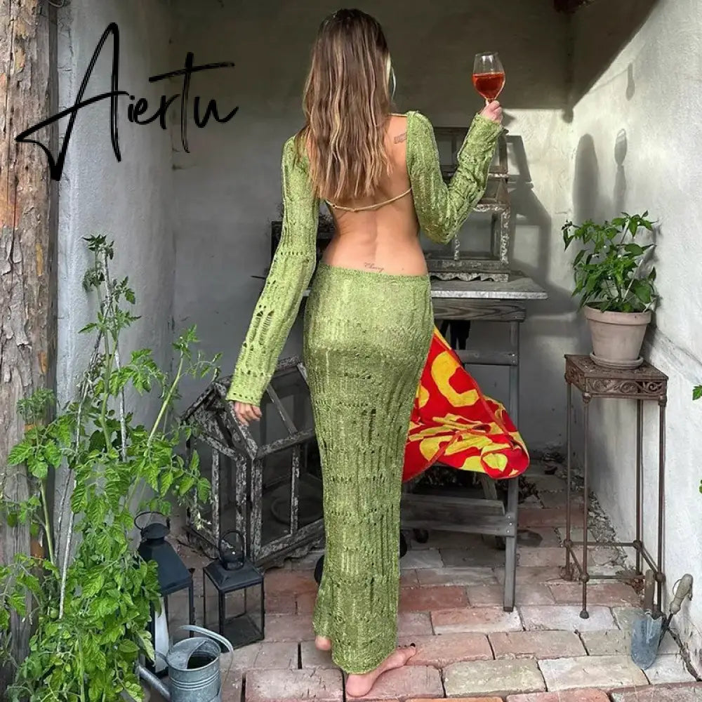 Knit Green Sexy Backless See Through Evening Prom Women Long Sleeve Evening Maxi Dress  Elegant Party Beachwear Aiertu