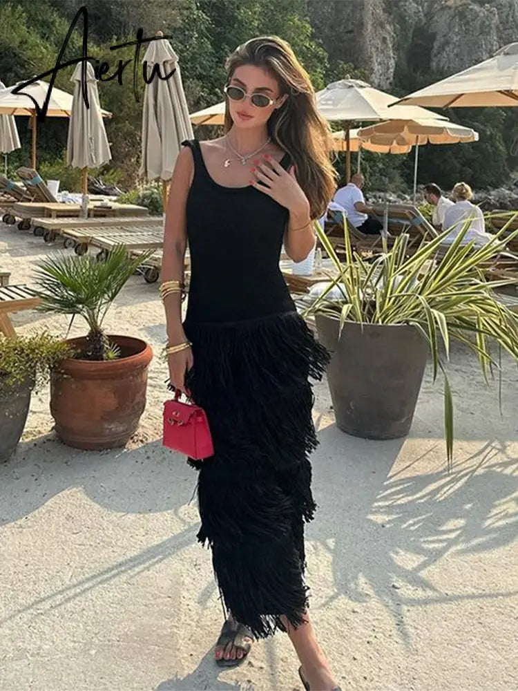 Knit Sleeveless Dress Women Green Sexy Backless U-neck Long Dresses Female  Summer Fashion Beach Holiday Lady Aiertu