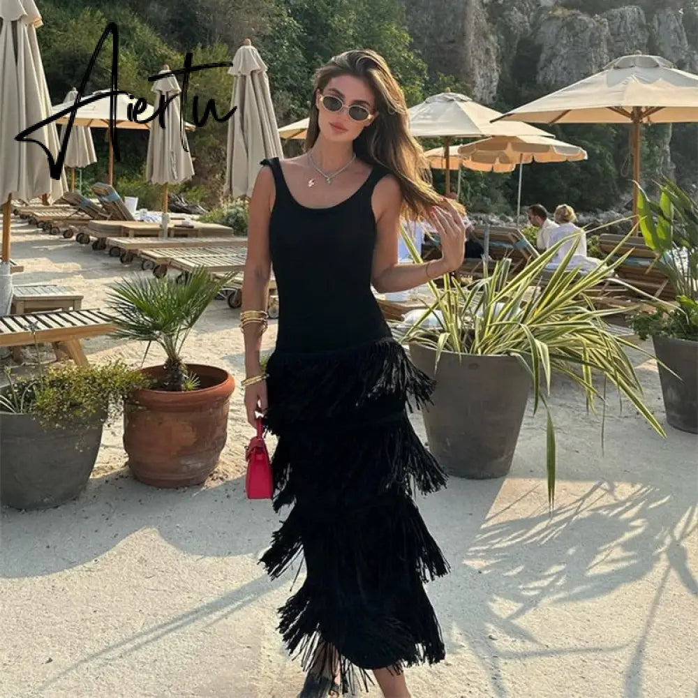 Knit Sleeveless Dress Women Green Sexy Backless U-neck Long Dresses Female  Summer Fashion Beach Holiday Lady Aiertu