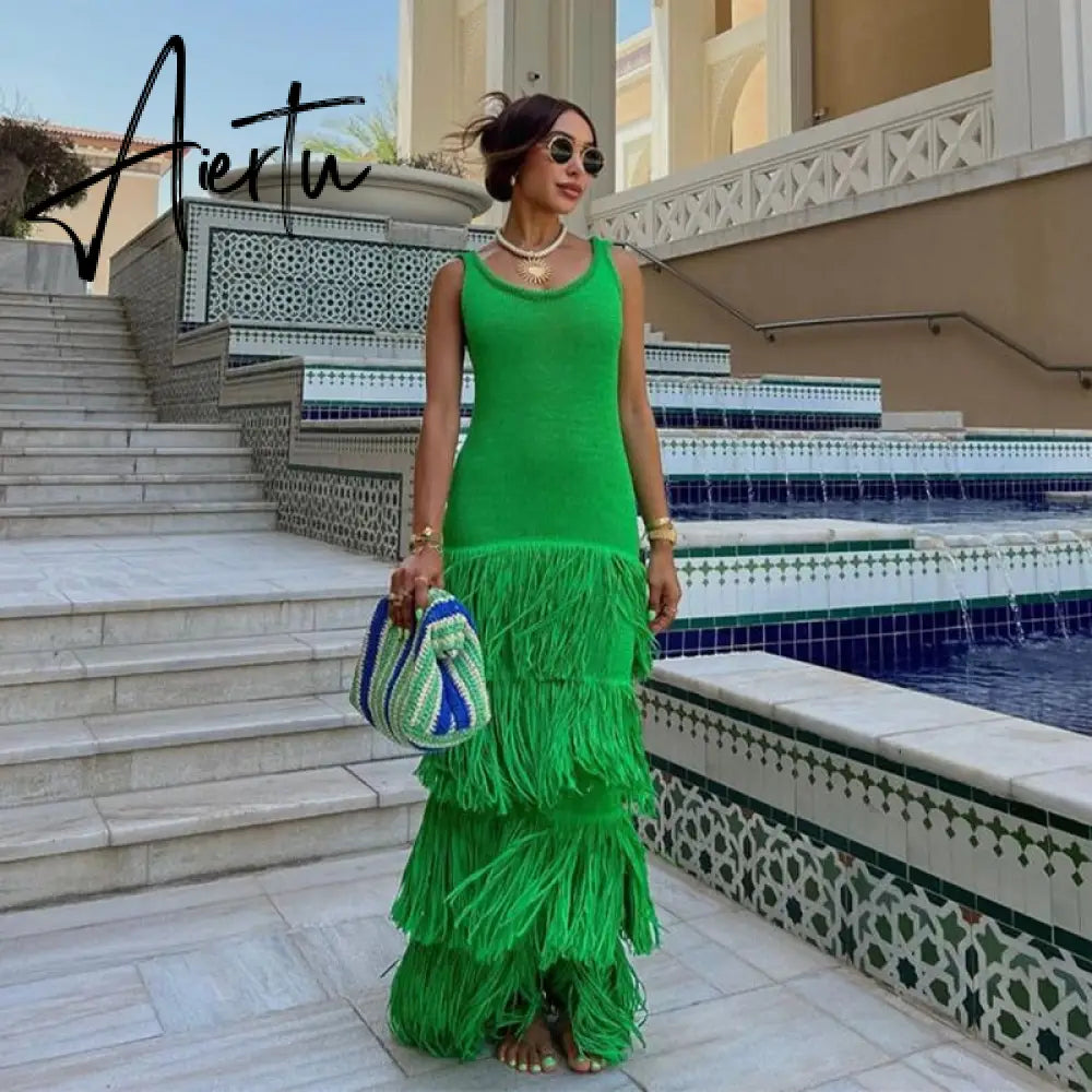 Knit Sleeveless Dress Women Green Sexy Backless U-neck Long Dresses Female  Summer Fashion Beach Holiday Lady Aiertu
