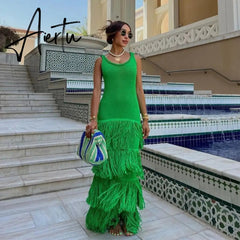 Knit Sleeveless Dress Women Green Sexy Backless U-neck Long Dresses Female  Summer Fashion Beach Holiday Lady Aiertu