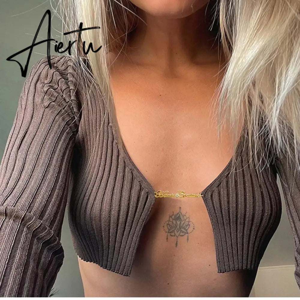 Knitted Long Sleeve Crop Top Women V-Neck Open Front Sexy Woman T-shirts Club Party Y2K Top Spring Autumn Cropped Sweater Aiertu
