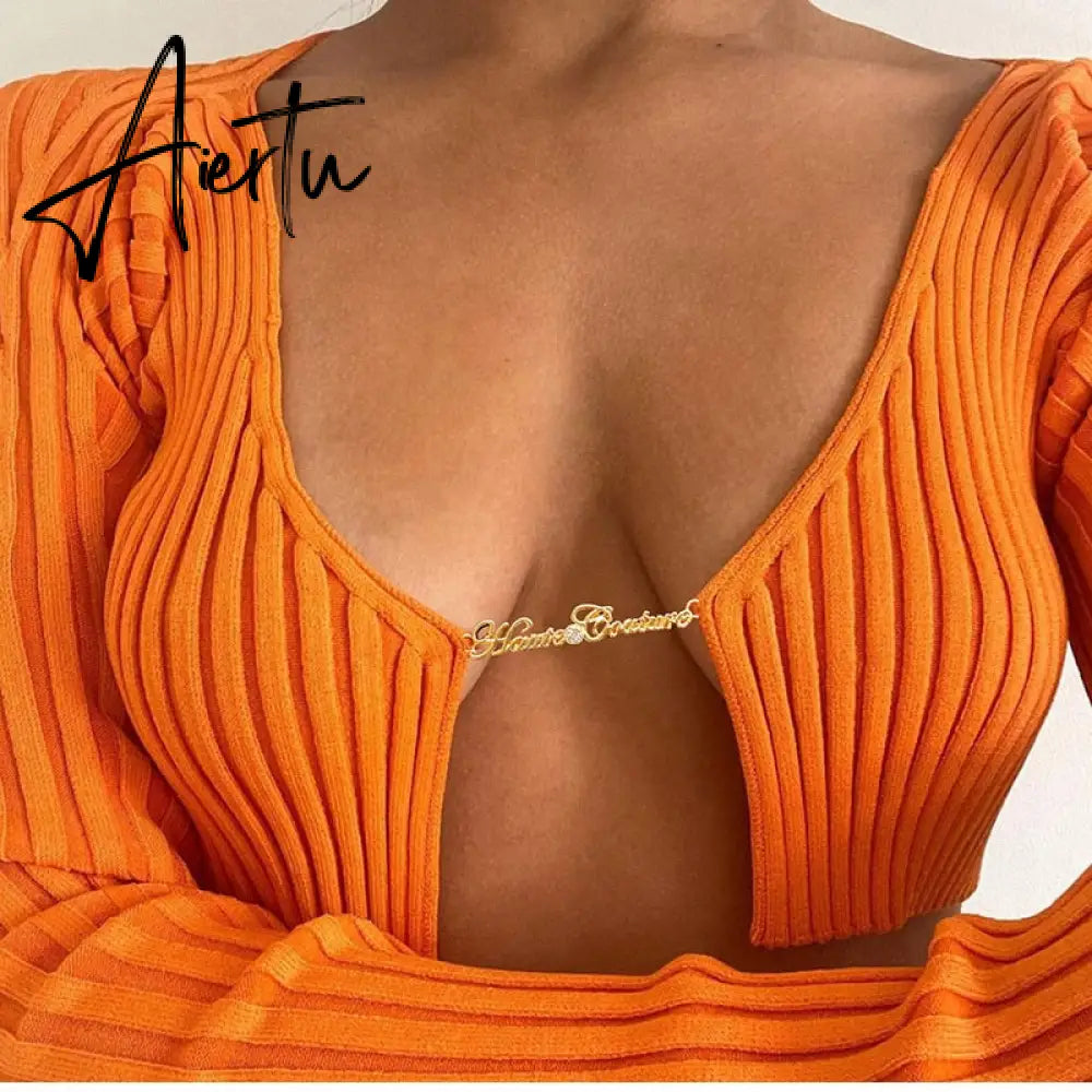Knitted Long Sleeve Crop Top Women V-Neck Open Front Sexy Woman T-shirts Club Party Y2K Top Spring Autumn Cropped Sweater Aiertu