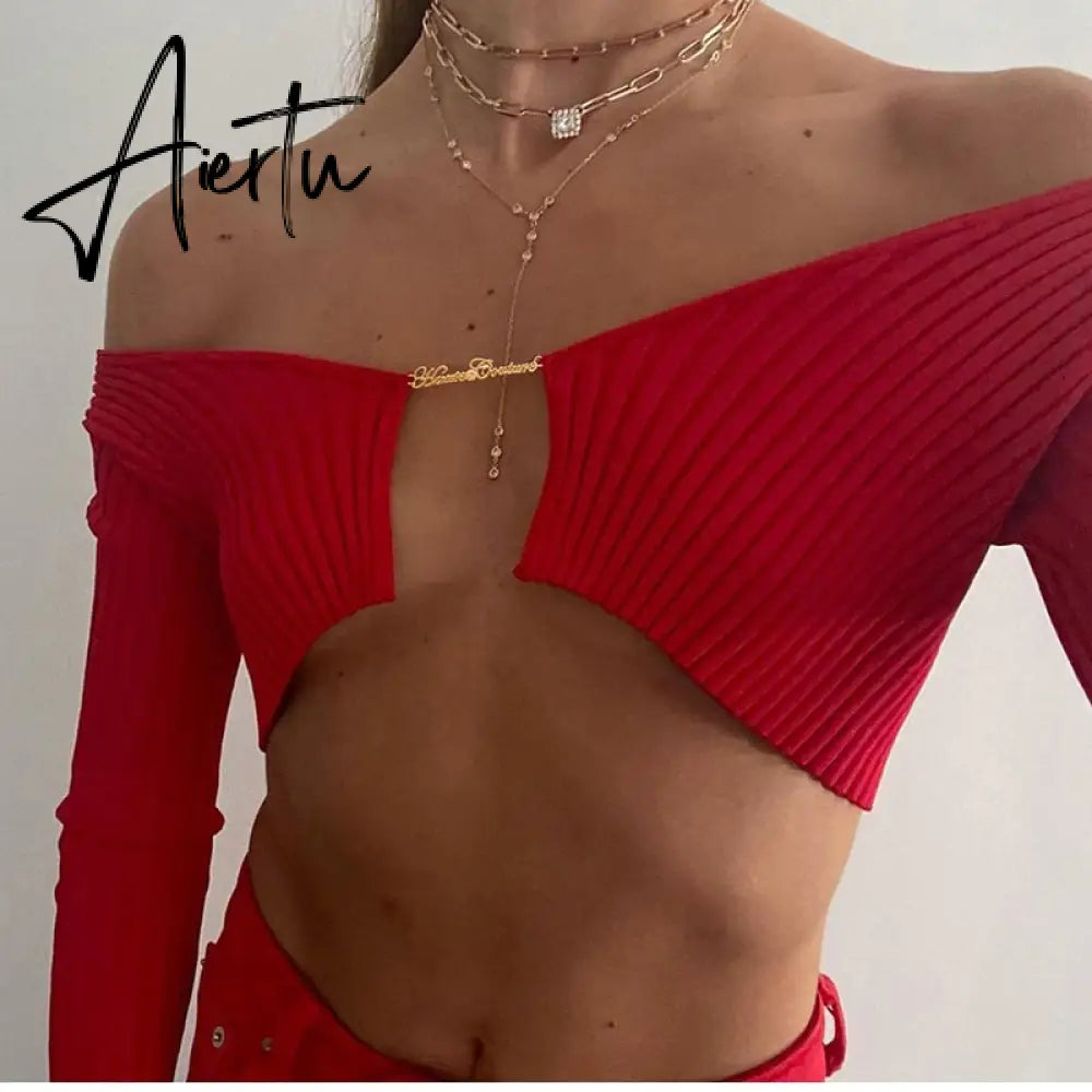 Knitted Long Sleeve Crop Top Women V-Neck Open Front Sexy Woman T-shirts Club Party Y2K Top Spring Autumn Cropped Sweater Aiertu