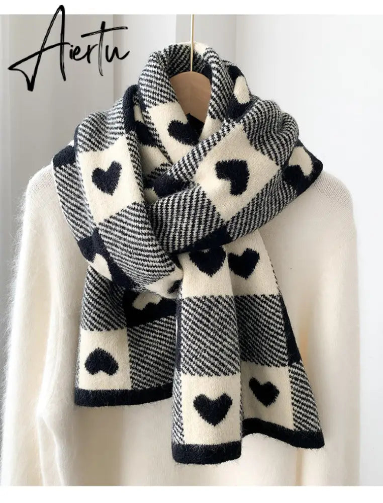 Knitted Scarf Love Heart Scarf Black White Plaid Scarf Thickened Warm Winter Women's Scarves Christmas New Year Gifts Black Aiertu