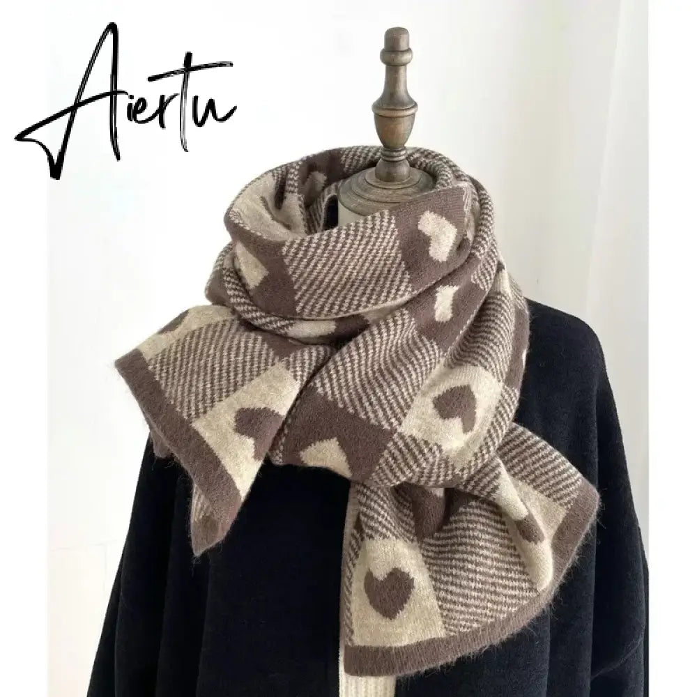 Knitted Scarf Love Heart Scarf Black White Plaid Scarf Thickened Warm Winter Women's Scarves Christmas New Year Gifts Black Aiertu