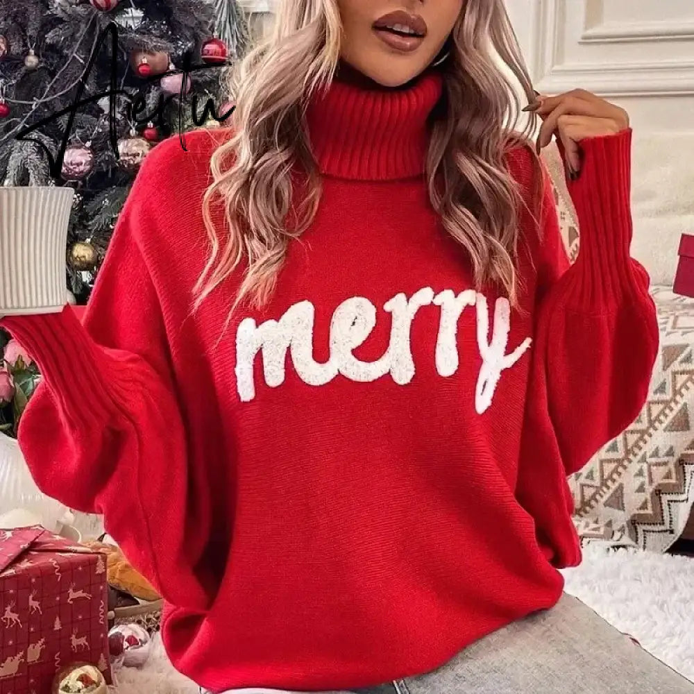 Knitted Women Turtleneck Sweater Loose Pullover Female Jumper Elegant Winter Warm Autumn New Year Trendy Christmas Sweater New Year Aiertu