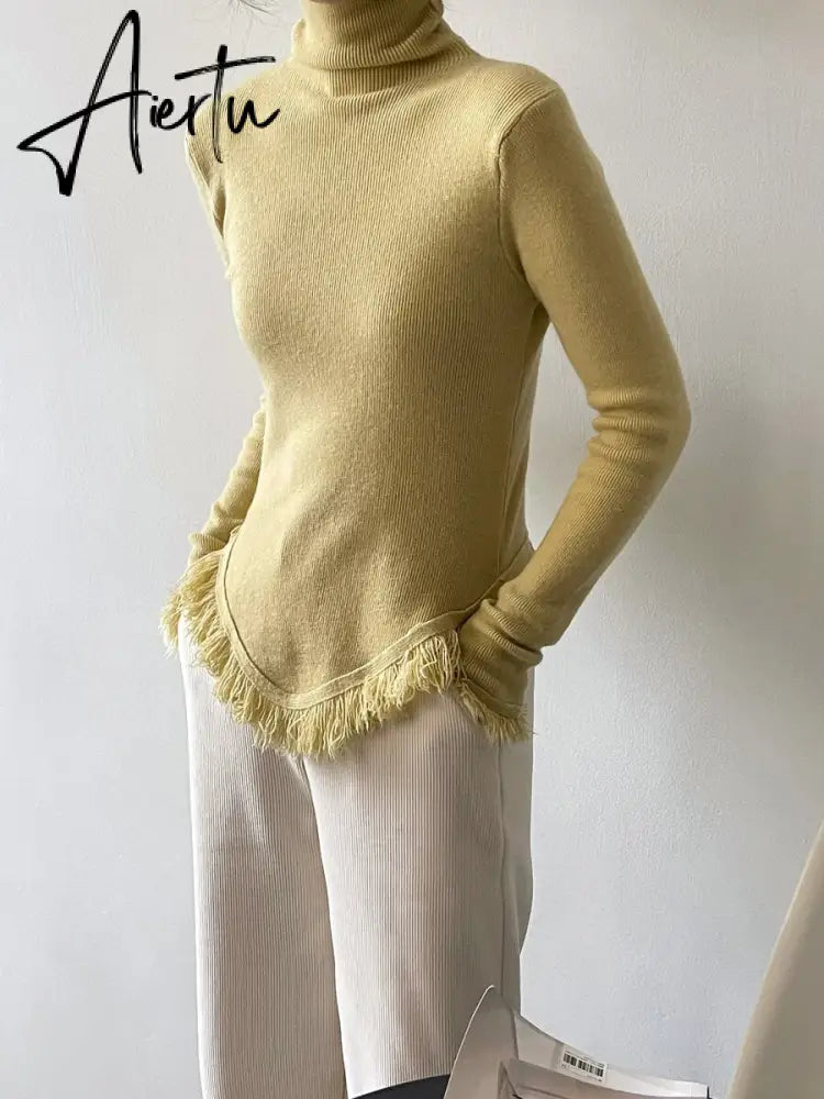 Korean Chic  Autumn Winter Elegant Tassel Spliced Sweater Pullover Women Turtleneck Long Sleeve Black Knitted Jumper Aiertu