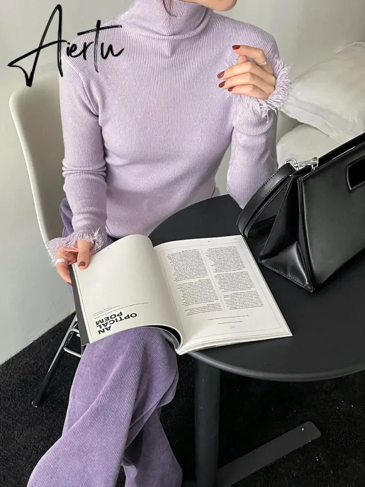 Korean Chic  Autumn Winter Elegant Tassel Spliced Sweater Pullover Women Turtleneck Long Sleeve Black Knitted Jumper Aiertu