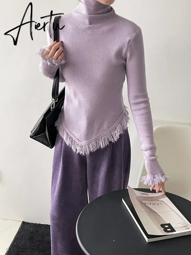 Korean Chic  Autumn Winter Elegant Tassel Spliced Sweater Pullover Women Turtleneck Long Sleeve Black Knitted Jumper Aiertu